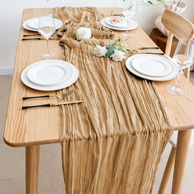 Wokceer Cheesecloth Table Runner Khaki 10FT Boho Gauze Cheese Cloth Table Runner for Party Long Rustic Sheer Table Runners for Baby Bridal Shower Wedding Easter Table Decor