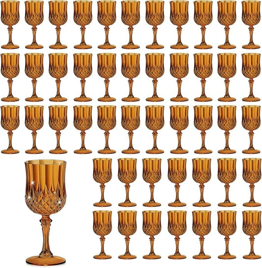 7OZ Plastic Wine Glasses, Reusable Vintage Goblets Unbreakable Drinking Glasses Crystal Water Cups Champagne for Wedding, Parties (48, Amber)