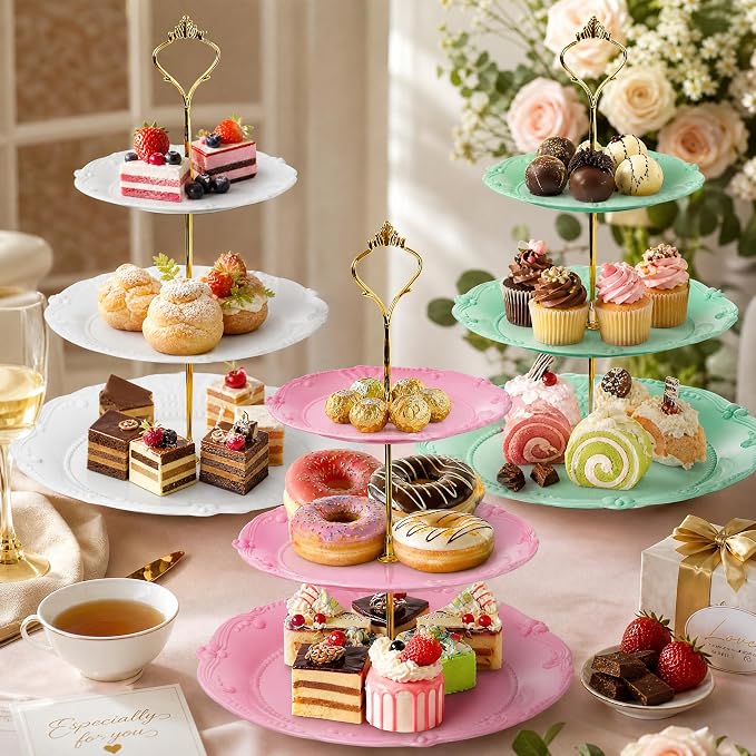 Fasmov 3 Pack 3 Tier Plastic Cupcake Stand, Dessert Plates Cake Fruit Candy Display Tower Reusable Pastry Platter for Wedding Birthday Baby Shower Tea Party Decorations - White Pink Green