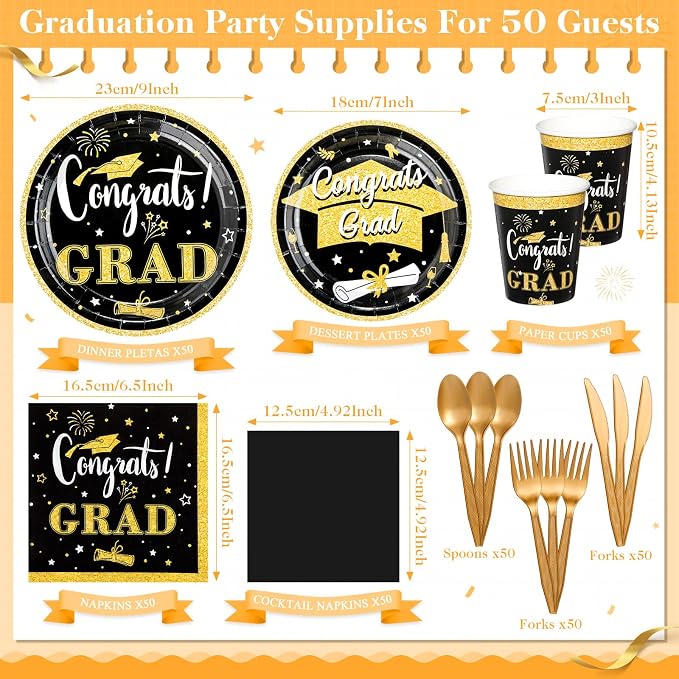 Domensi 400 Pcs 2026 Graduation Decorations Plates and Napkins and Cups Set Serve 50, Black and Gold Graduation Party Supplies, Class of 2026 Paper Tableware 9oz Cup Knife Fork Spoon Congrats Grad
