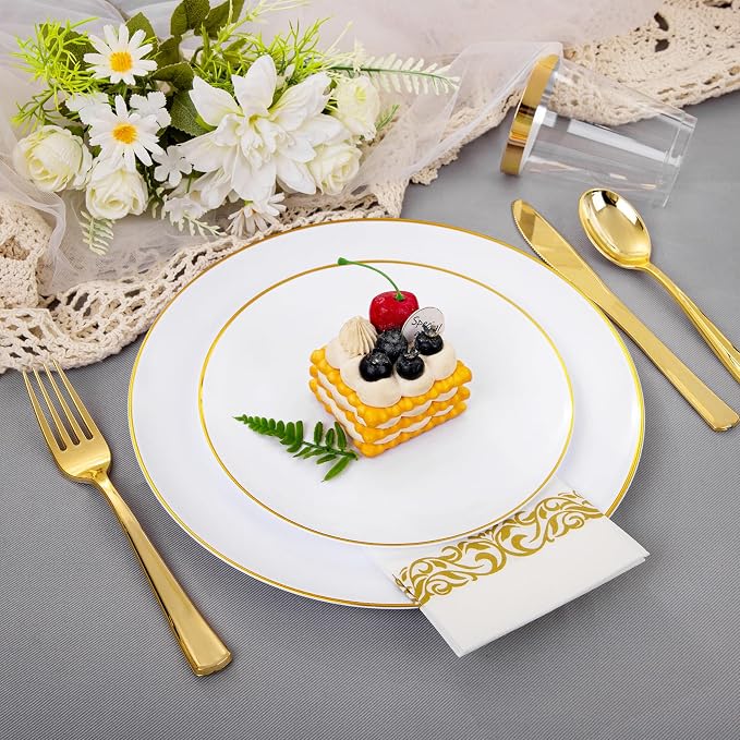 Supernal 350Pcs Elegant White and Gold Plastic Dinnerware Set for Wedding | Heavy duty disposable plates with gold plastic silverware, cups, and napkins. Premium tableware pack serves 50 guests.