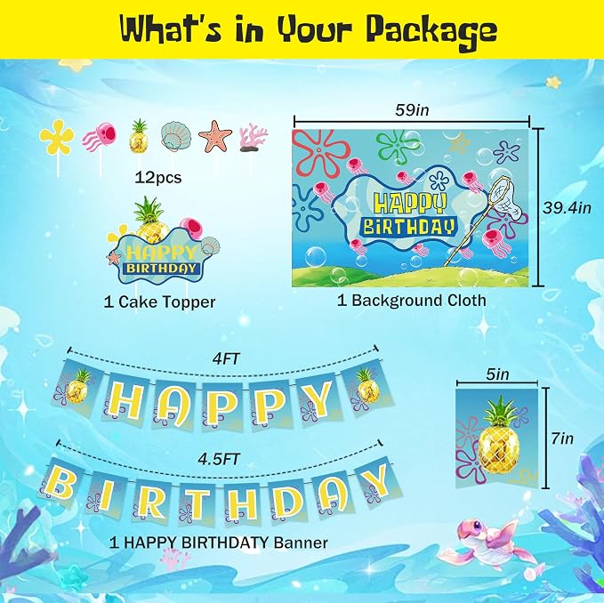 Yellow Happy Birthday Party Decorations Set-Ocean Cartoon Theme Set Including Balloons, Backdrop, Banner, Tablecloth, Hanging Swirls, Cake Cupcake Toppers Birthday Party Decor Supplies for Boys girl