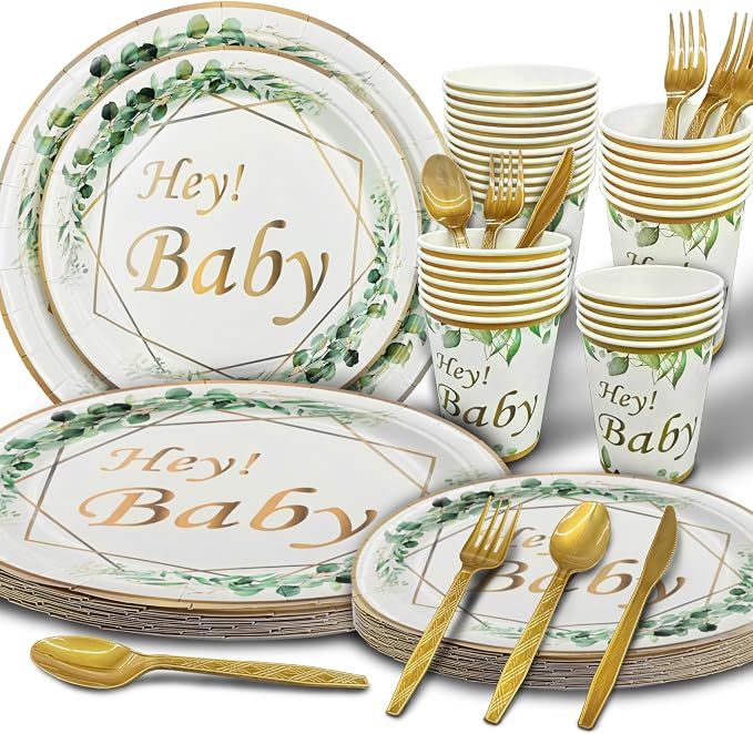 Sage Green Neutral Baby Shower All In One Set - 4 Balloon Boxes, 12 Tableware Sets with Disposable Plates, "OH BABY" Balloons, Tablecloth & Cake Toppers