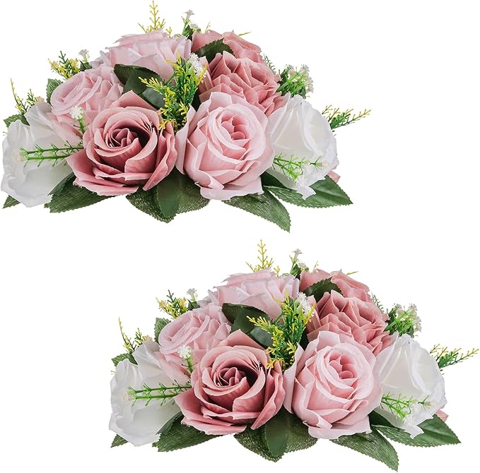 NUPTIO Flower Balls for Table Centerpieces: Dusty Pink & White Fake Flowers | 2 Pcs 9.5 inch Diameter, Artificial Rose Bouquet Arrangements, for Wedding, Birthday Party, Bridal Shower Decorations