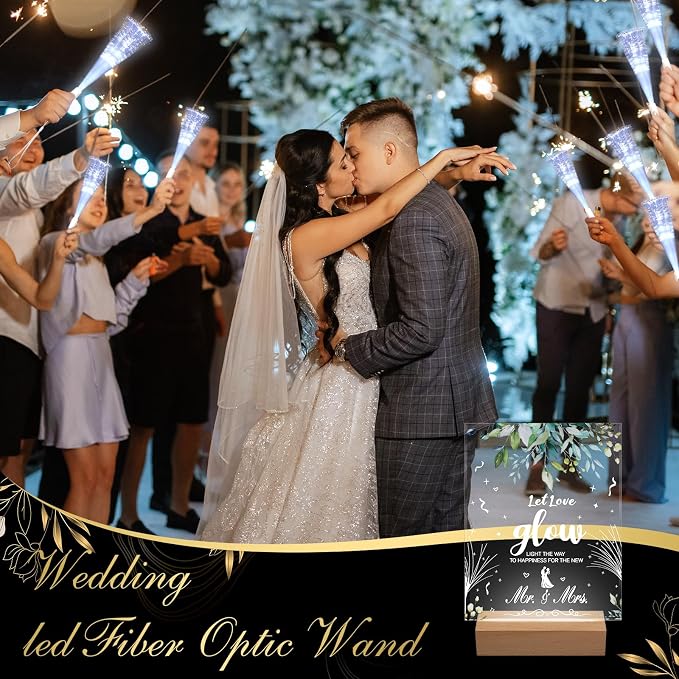 VIHOSE 52 Pcs Wedding Party Favors White Fiber Optic Wands with Acrylic Wedding Table Sign Wooden Illuminated Base LED Fiber Glow Stick Light up Wands for Reception Bridal Shower Party Favors Decor