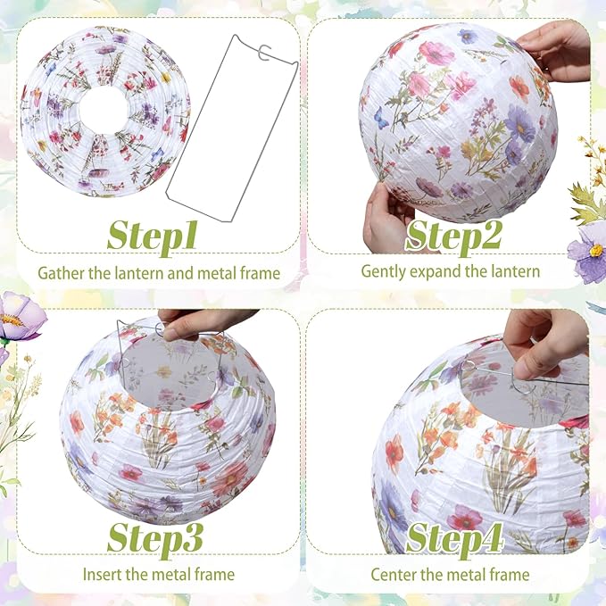 Honoson 12 Pcs Wildflower Paper Lanterns Spring Floral Wildflower Party Decorations Hanging 10 Inch Chinese Lanterns for Wedding Bridal Shower Baby Shower Tea Party Decorations