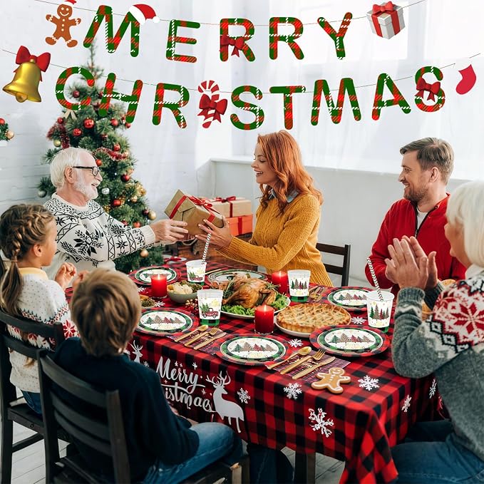 194 Pcs Christmas Paper Plates & Napkins Sets,Christmas Dinnerware/Tableware Disposable Sets Including Cups Straws Plastic Cutlery Banner Tablecloth for Xmas Party Supplies,Serves 24 Guests
