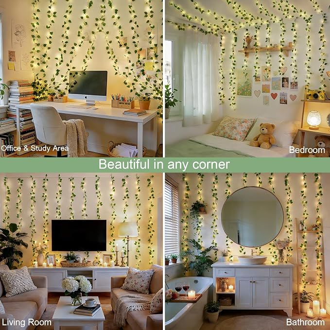 JMEXSUSS 200 LED Vine Lights Battery Operated & USB Powered, Pothos Vines with Fairy Lights Waterproof, Curtain Lights with Remote for Bedroom, Wedding, Dorm, Indoor, Outdoor Decor, 6.5x6.5ft