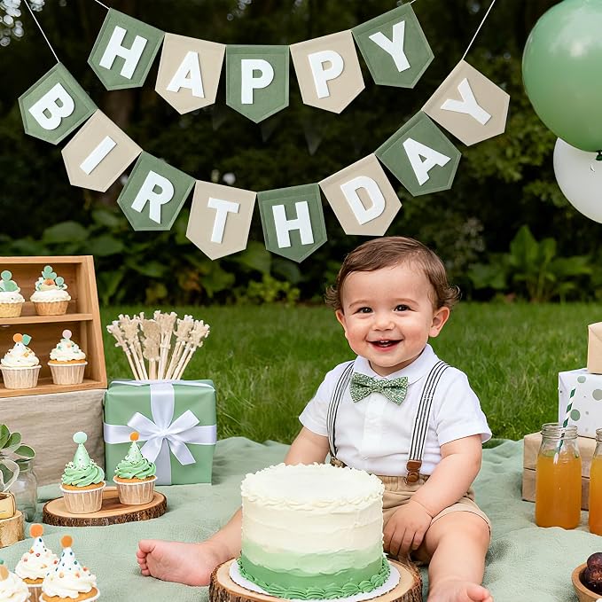 Felt Green Khaki Happy Birthday Banner Birthday Decorations for Women Girls Boys Men Pets Handmade Party Backdrop