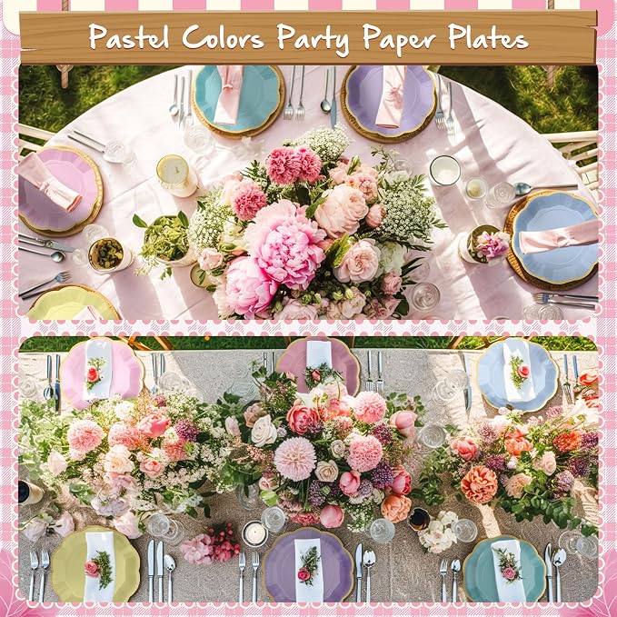 72 Pcs Pastel Paper Plates 9 Inch Colorful Rainbow Gradient Scalloped Paper Disposable Dinner Dessert Plates for Birthday Wedding Bridal Party Supplies, 6 Colors
