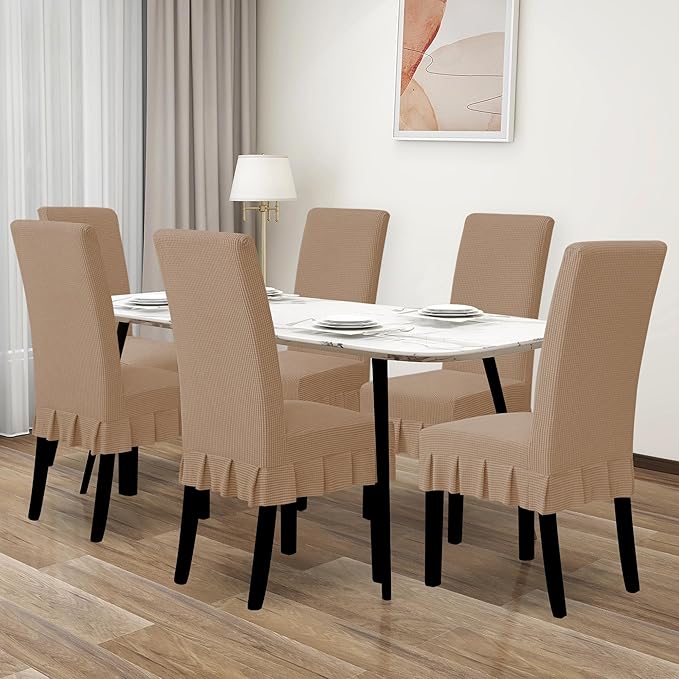 Easy-Going Dining Chair Covers Stretch Parsons Chair Slipcover with Skirt Chair Covers for Dining Room Restaurant Banquet (8 PCS, Camel)