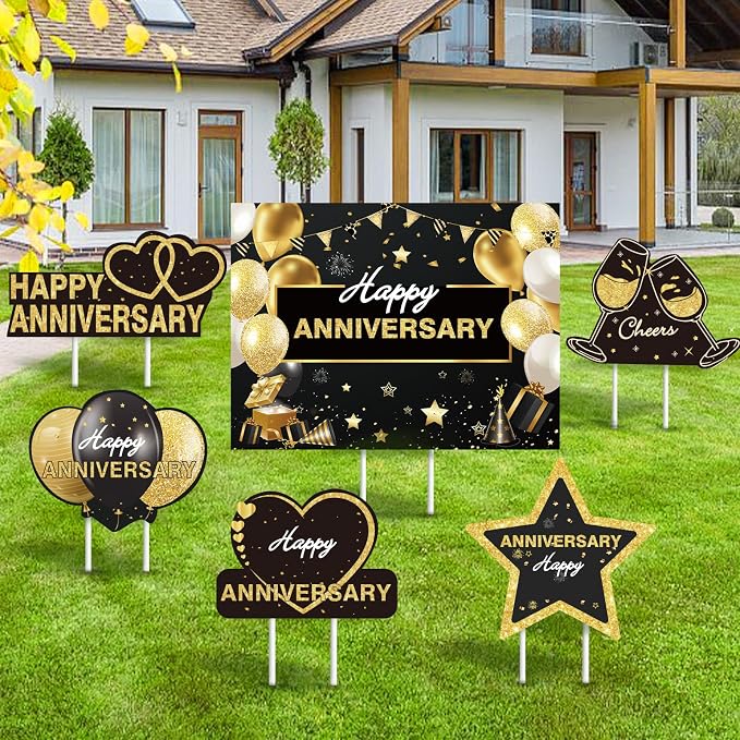 6pcs Happy Anniversary Wedding Yard Sign Decorations Outdoor, Gold Black Lawn Yard Sign with Stakes and for Married Men Women Wedding Birthday Decor Outdoor Party Supplies