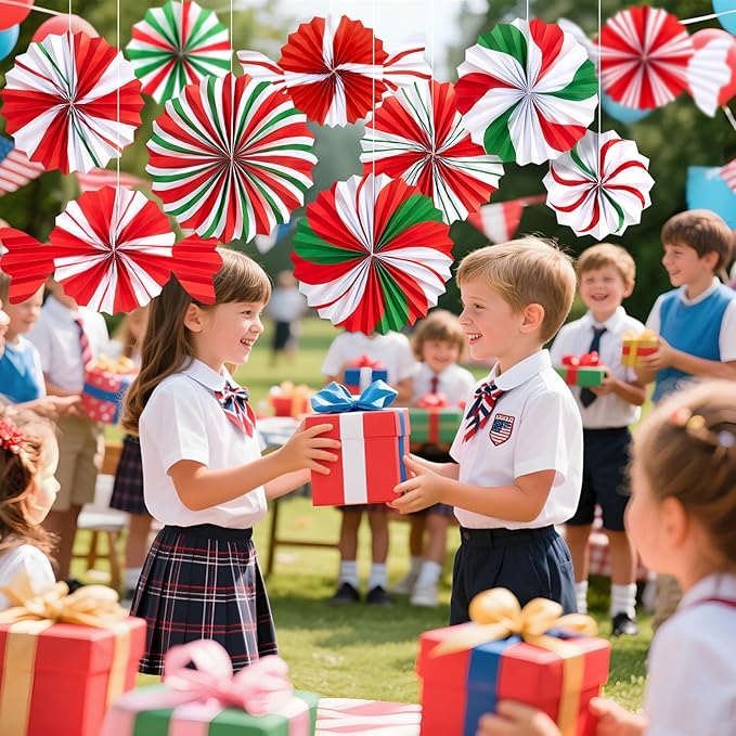 SUNBEAUTY Christmas Hanging Paper Fans Decoration Candy Peppermint Paper Christmas Decoration Candy Party Classroom Decor White and Red Xmas Ceiling Birthday Party Bulletin Board Office Decor
