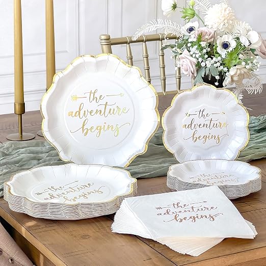 Kate Aspen The Adventure Begins Wedding Paper Plates and Napkins Set - 72 Piece Wedding Plates Disposable Party Tableware for 24 Guests - Bridal Shower Decorations, Engagement Party Decor