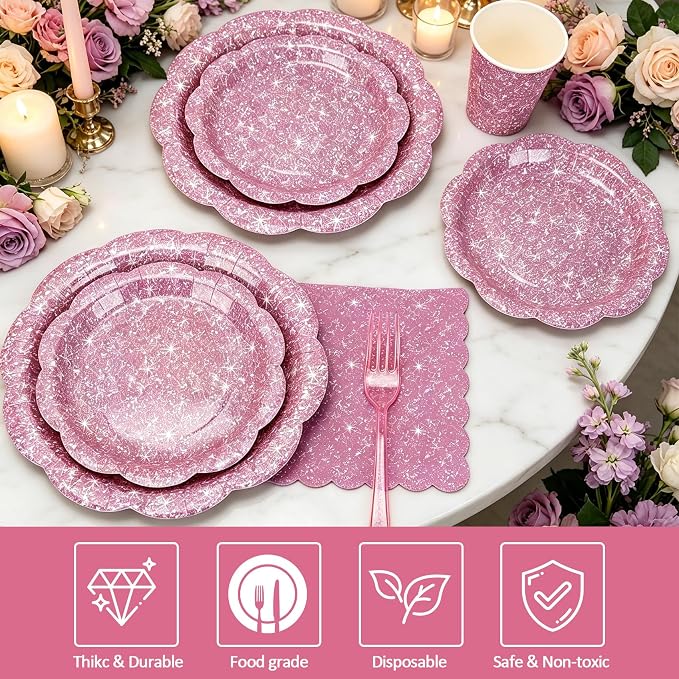 Light Pink Iridescent Plates and Napkins Set, Disposable Holographic Plates Cups Napkins Forks Tablecloth Party Supplies for Birthday Baby Shower Bridal Shower Party Decorations, Serves 24 Guests