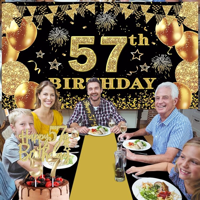 57th Birthday Decorations Men Women with 57th Birthday Banner, Black and Gold Table Cloth, Number Balloons, Sash, Cake Topper and Candles