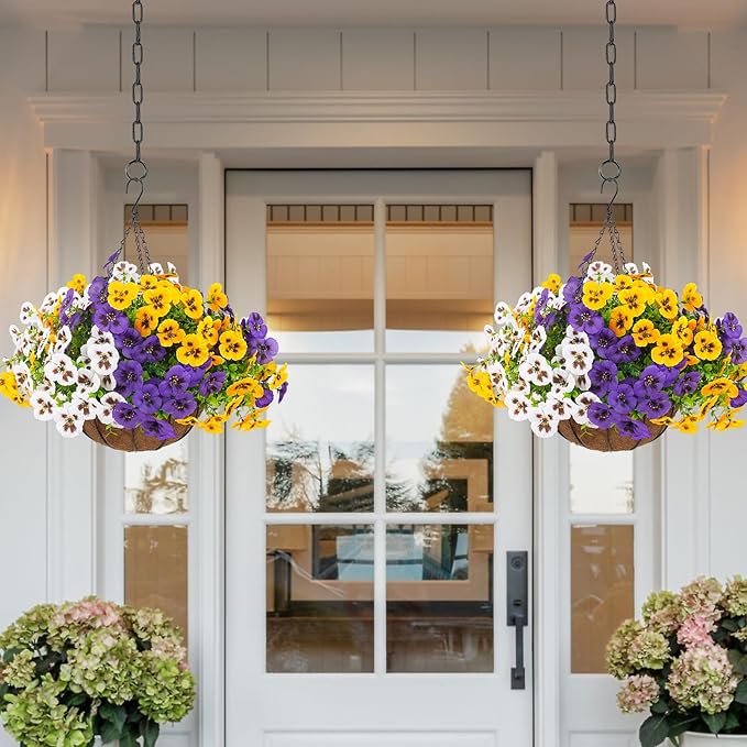 lovemoon 2 Sets Artificial Hanging Pansy Flowers with Baskets, 24 Pcs UV Resistant Faux Silk Pansy Outdoor Hanging Flower for Porch Patio Garden Home Spring Decor (2, White,Yellow,Purple)