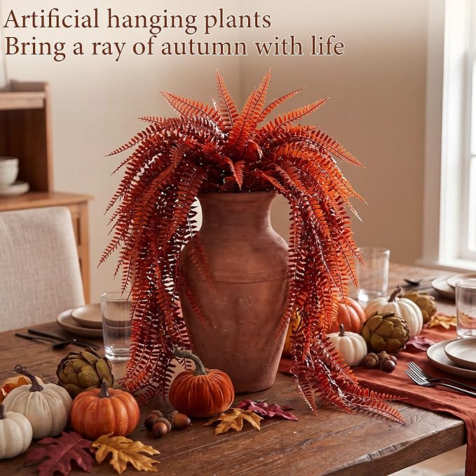 Daifunli 12 Pcs Artificial Fall Hanging Plants Fake Hanging Ferns Plastic Autumn Faux Plants for Wall Room Garden Garland Indoor Outdoor Decor No Basket (Fall Boston =)