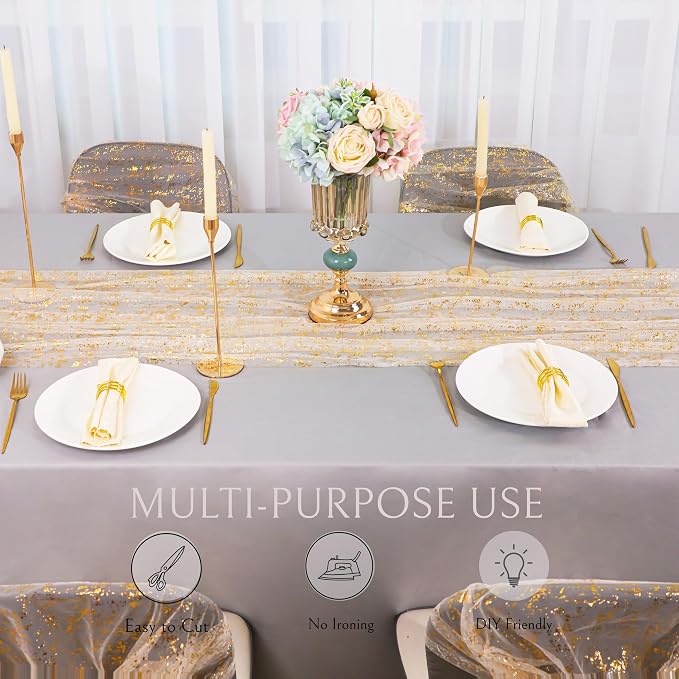 Snowkingdom 2Pcs Gold Gauze Table Runners 10Ft Sheer Chiffon Cheesecloth Wedding Runner, Golden Sequin Glitter Metallic Foil Party Table Decorations Centerpieces for Birthday Thanksgiving Christmas