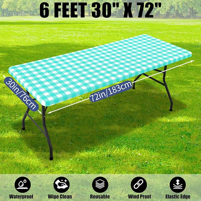 Smiry Picnic Table Cloth 6 Pack, Waterproof Elastic Fitted Tablecloths for 6FT Rectangle Tables, Washable Polyester Buffalo Plaid Tablecloth for Camping, Dining & Outdoor (Teal & White, 30" x 72")