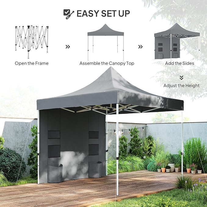 Outsunny 10' x 10' Heavy Duty Pop Up Canopy Tent with Sidewall and Trash Bags, UPF50+ Instant Sun Shelter, Height Adjustable, with Wheeled Bag, Sand Bags for Outdoor, Patio, Gray