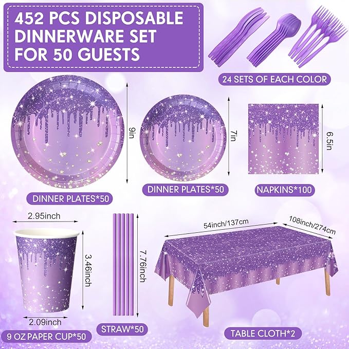 Funnymoom 452 Pcs Purple and Silver Birthday Party Decorations Include Glitter Purple Paper Plates and Napkins Cups Tablecloth Cutlery Straws Disposable Tableware Set for Women Birthday Supplies