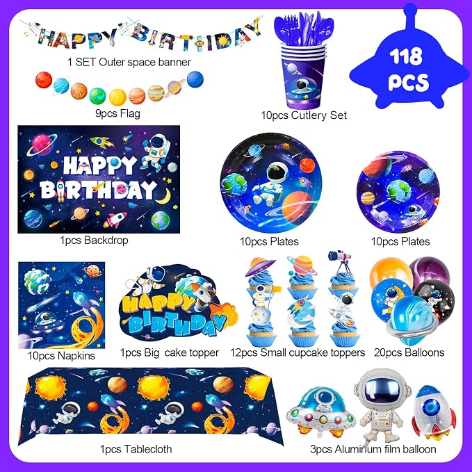 Space Birthday Party Decorations, 16 Guests Outer Space Birthday Tableware Set Outer Galaxy Party Plates Solar System Tablecloth Astronaut Balloons etc Space Astronaut Party Decorations