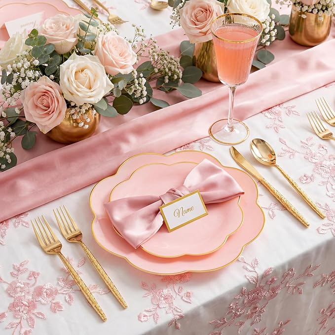 LIYH 150 Pcs Pink Dinnerware Set Pink Plastic Plates and Gold Silverware Set Gold Flower Edge Design Flower Plates Suitable for Wedding Birthday Bridal Shower(30 Guests)