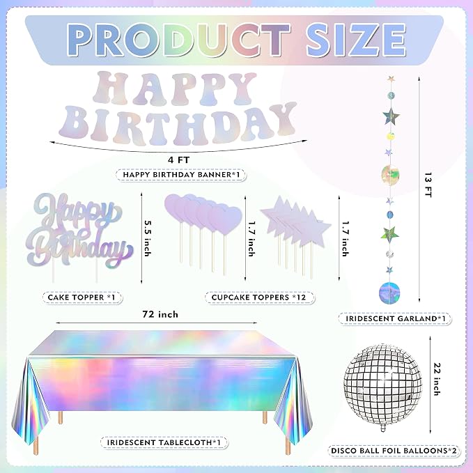 Iridescent Birthday Party Decoration Set 78Pcs, Disco Groovy 60s 70s Party Supplies Silver Party Decors include Disco Ball Banner Balloon Garland Arch Tablecloth Fringe Curtain Cake Topper Set