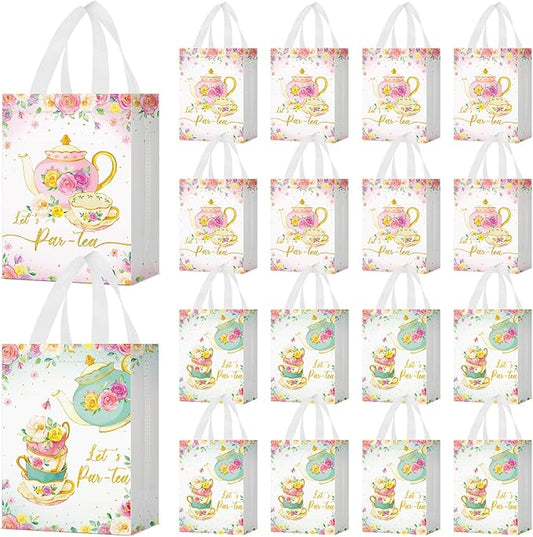 Locmeo 24 Pcs Large Tea Party Favor Bags with Handles Reusable Non Woven Tea Party Goodie Bags Pink Green Candy Treat Gift Bag for Girl Boy Birthday Baby Shower Supplies, 8 x 4 x 10 Inch