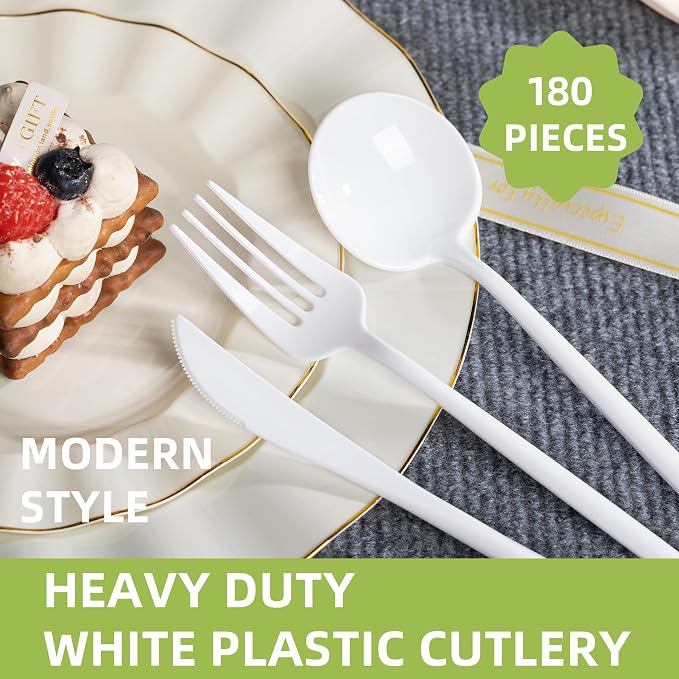 180PCS White Plastic Silverware,Heavy Duty Disposable Utensils Include 60 Forks,60 Spoons and 60 Knives,White Cutlery Plastic Silverware Sets for Party, Birthday,Wedding