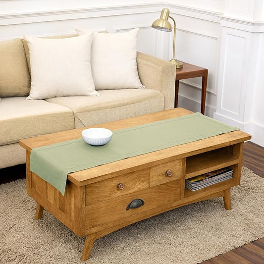 Solino Home Sage Table Runner 48 Inches - Cotton Linen Hemstitch Coffee Table Runner 14 x 48 Inch Ideal for Dresser Tables, Spring, Summer, Mothers Day