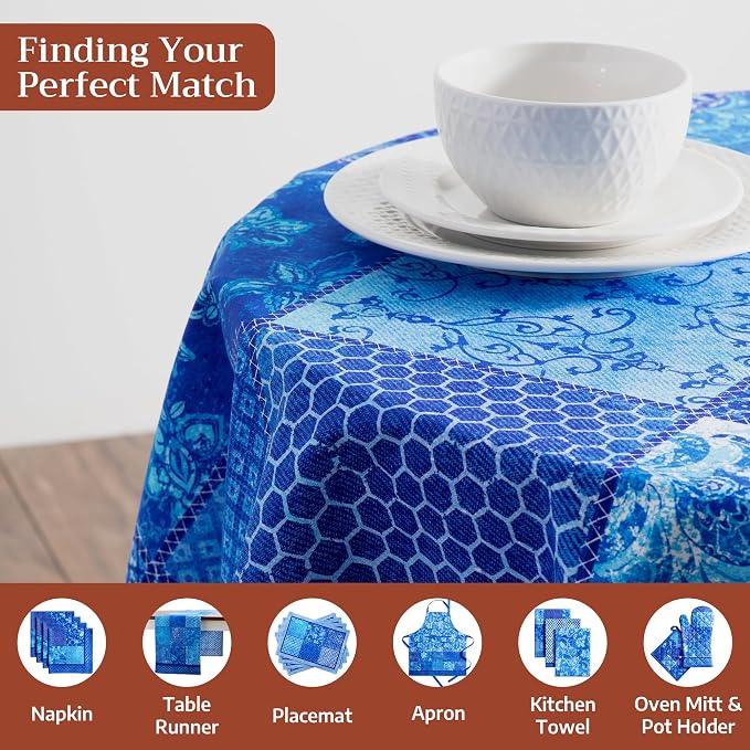 Maison d' Hermine Table Cloth Round Table 100% Cotton 69 Round Inches Tablecloth Reusable Decorative for Dining Kitchen Room Farmhouse Party Home Hotel Restaurant Spring Summer - Indigo Love