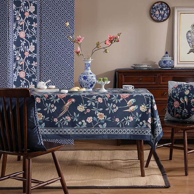 patdrea Elegant Vintage Linen Tablecloth,Rectangular,87"x63"-Lanruoting | Chinoiserie Table Cloth for Rectangle Table,Blue Oriental Bird Floral Print,Dining Tea Party Thanksgiving Table Decor
