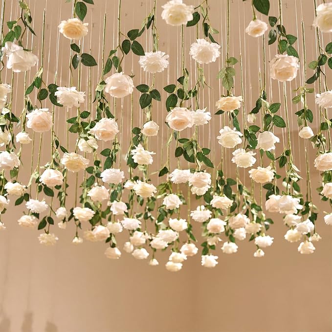 Lyrow 60 Pack White Artificial Flower Hanging Ornaments White Rose Floating Garland Floral Minimalist Boho Wedding Proposal Anniversary French Cream Farmhouse Ceiling Garland Table Decor DIY Craft