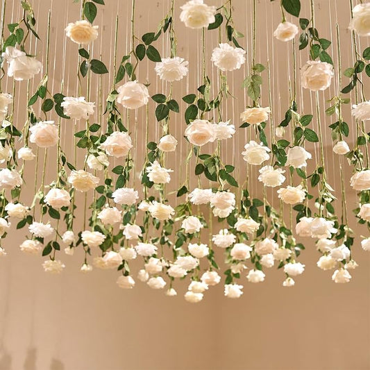 Lyrow 60 Pack White Artificial Flower Hanging Ornaments White Rose Floating Garland Floral Minimalist Boho Wedding Proposal Anniversary French Cream Farmhouse Ceiling Garland Table Decor DIY Craft