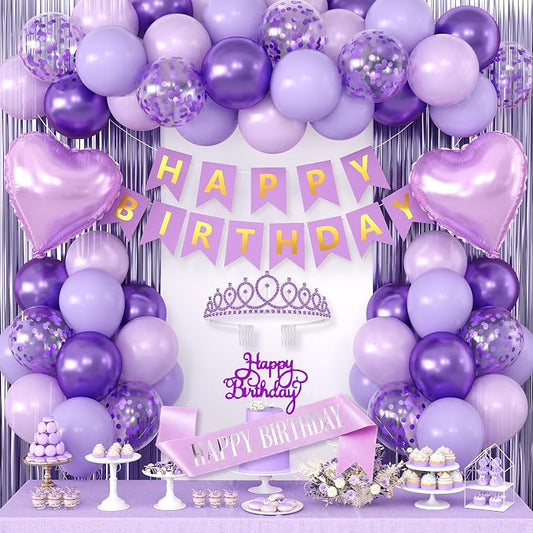Purple Birthday Decorations for Women Girls,Purple Latex Balloons with Happy Birthday Banner,Fringe Curtain,Cake Topper,Sash and Crown for Birthday Party Supplies