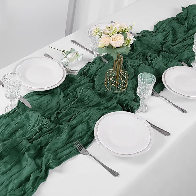 30 Pieces Emerald Green Cheesecloth Table Runner, 17x108 Inch Long Boho Gauze Table Runner Rustic Decorations for Wedding Birthday Holiday Party Baby Shower Table Decor