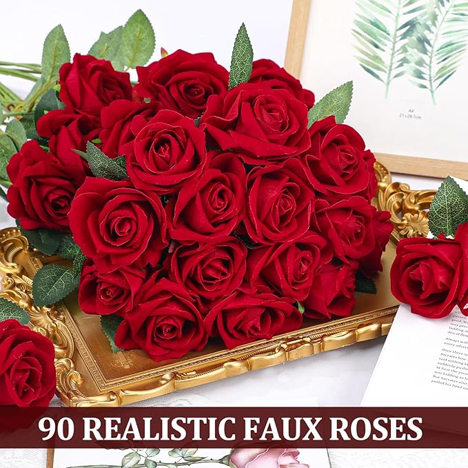 90 Pcs Red Velvet Rose Artificial Flowers, 51cm Silk Wedding Fake Silk Roses Florals for Centerpieces DIY Bouquet Party Arrangement Bridal Home Decor