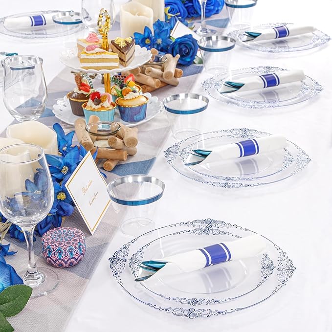 Hioasis 175pcs Clear and Blue Plates - Blue Party Plates for 25 Guest, Include 50 Heavy-duty Plates(20% Thicker Than Standard), 25 Pre Rolled Gold Plastic Silverware Set, 25 Cups