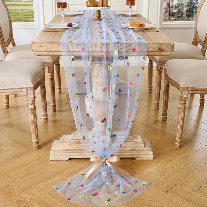BINBE 1pcs Daisy Spring Table Runner Embroidery Gauze 10FT Florals Seasonal Tulle Holiday Birthday Kitchen Dining Table Decor for Home Party Blue