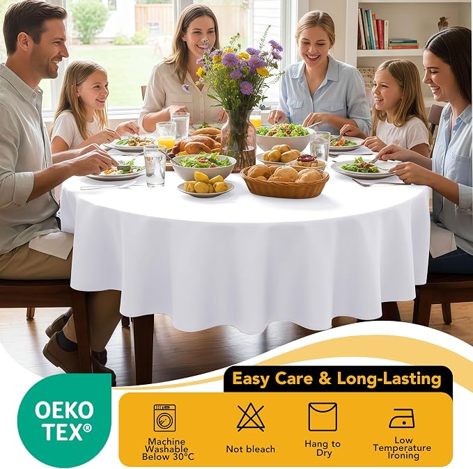 6-Pack White Round Tablecloths, 90 Inches, Stain-Resistant Polyester for 4-5 Ft Round Tables - Washable Table Covers for Weddings, Banquets, Birthday, Parties, Events