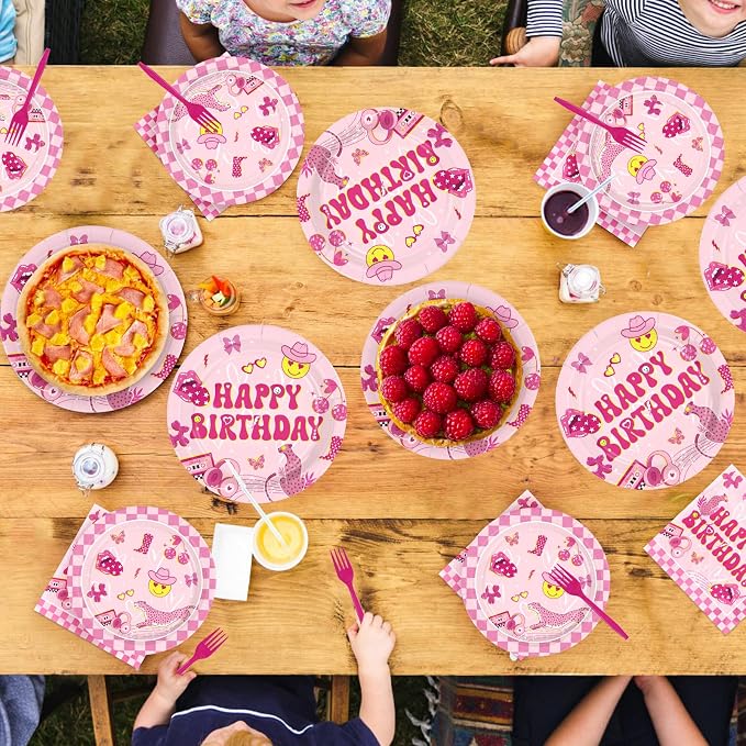 96Pcs Pink Checkered Preppy Graduation Decoration Pink Smiley Face Preppy Plates and Napkins Smile Face Y2k Tableware Set for Girls Graduation Birthday School Party Supplies Serves 24