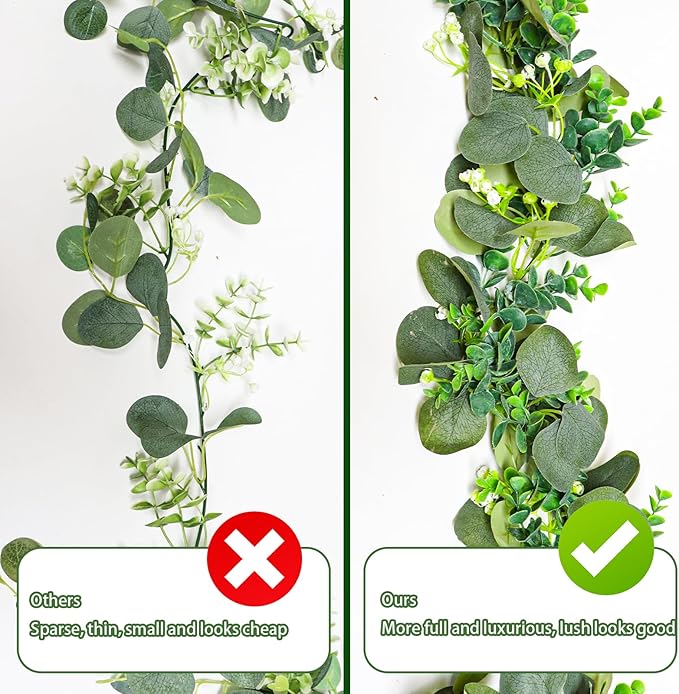 MAKHOT 5.9FT Eucalyptus Garland, Artificial Greenery Garland Flower, Green Garland Wreath Vines Decorations, Fake Silver Dollar Eucalyptus Leaves Vines for Table Home Wedding Mantle Party Decor