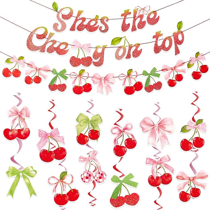 SUNBEAUTY Cherry Party Decorations Cherry On Top Baby Shower Decorations Cherry and Bow Hanging Banner for Birthday Bachelorette Bridal Shower Wedding Party Supplies