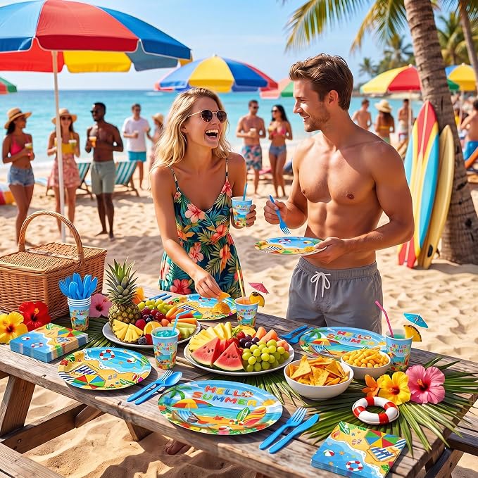 Pajean 350 Pcs Beach Party Decorations 12 in Disposable Oval Hello Summer Plates Napkins Summer Pool Beach Heavy Duty Paper Tableware Set for 50 Guests Hawaiian Birthday Pool Party Supplies