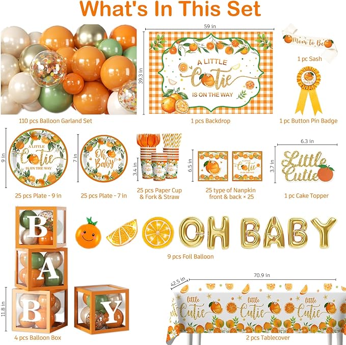 279 PCS A Little Cutie Is On The Way Decorations, All-in-One Orange Baby Shower Party Pack With Balloon, Backdrop, Plates and Napkins, for Little Cutie Baby Shower, Service 25