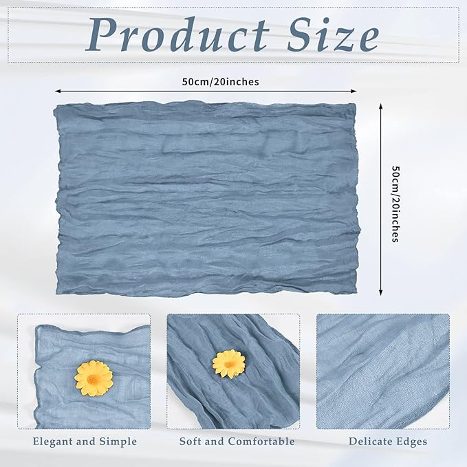 60 Pack Gauze Cheesecloth Napkins 20 x 20 Inch Wrinkled Dinner Napkins Rustic Boho Table Napkins Decorative for Weddings Parties Event Family Dinner Table Decoration (Dusty Blue)