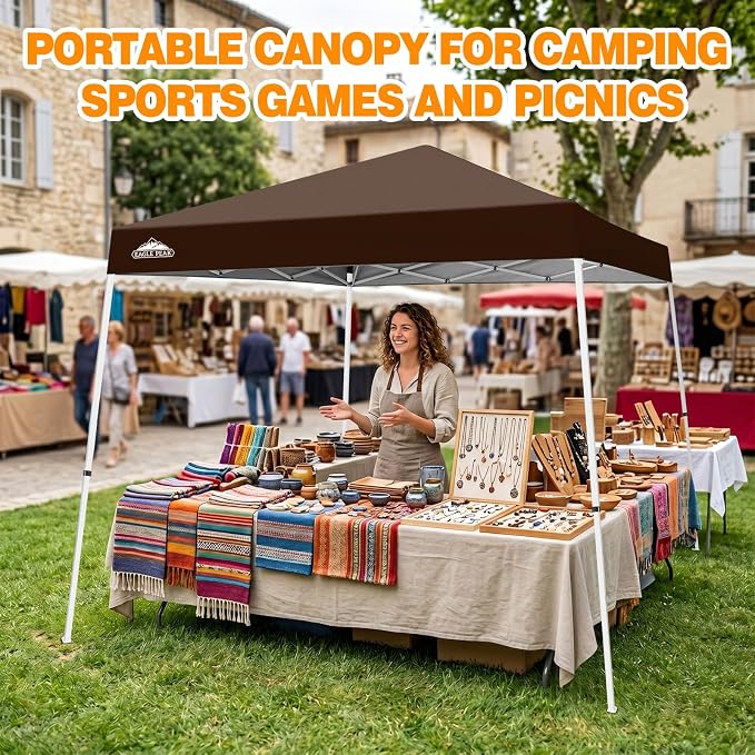 EAGLE PEAK 10x10 Slant Leg Pop-up Canopy Tent Easy One Person Setup Instant Outdoor Beach Canopy Folding Portable Sports Shelter 10x10 Base 8x8 Top (Brown)