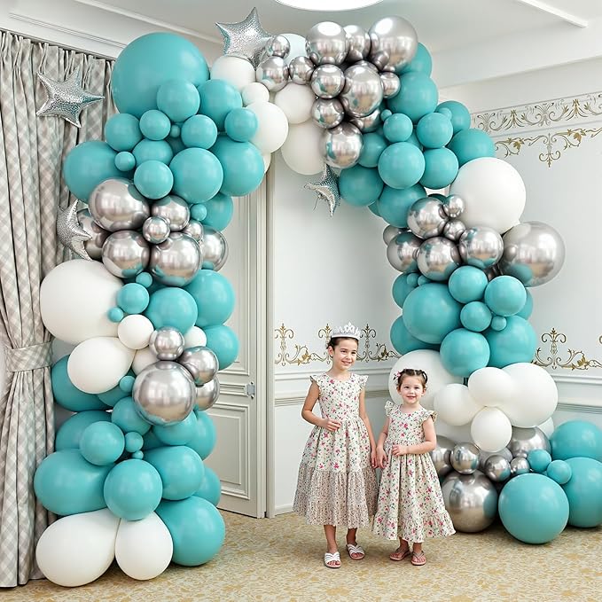 412Pcs Teal Silver White Balloon Garland Arch Kit, 18 12 10 5 Inch Different Size White Metallic Silver Teal Balloons Balloons,for Birthday Party Graduation Baby Shower Wedding Holiday Decoration